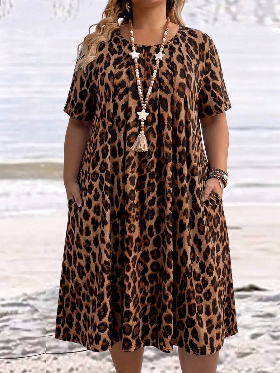 Breezaya 大尺碼女款休閒豹紋圓領口袋短洋裝,適合海灘、正式場合、度假、波西米亞風夏季陽光裙,復活節深紫色 - 咖啡棕 - 查看 1