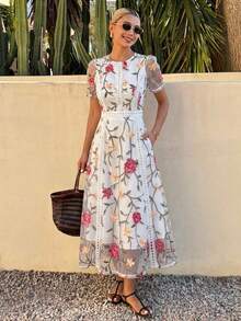 DAZY Elegant Lace Trim Short Sleeve Dress, Youthful And Refined, Suitable For Formal Occasions Sundress - White - View 11