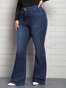 EMERY ROSE Summer Plus Size Denim Flare Leg Stretch Jeans Holiday Navy Blue - Dark Wash - View 4