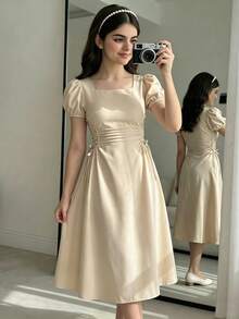SHEIN Tween Girls Ruched Girls' Simple Korean Style Elegant Collared Puff Sleeve Cinched Waist Mid-Length Mini Dress Outings And Gatherings, Casual, Grad... - Khaki - View 1