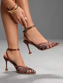 CUCCOO SZL New European And American Fashion Rhinestone Hollow Lace-Up Pointed High-Heeled Sandals Fall Shoes - Rust Brown - View 5