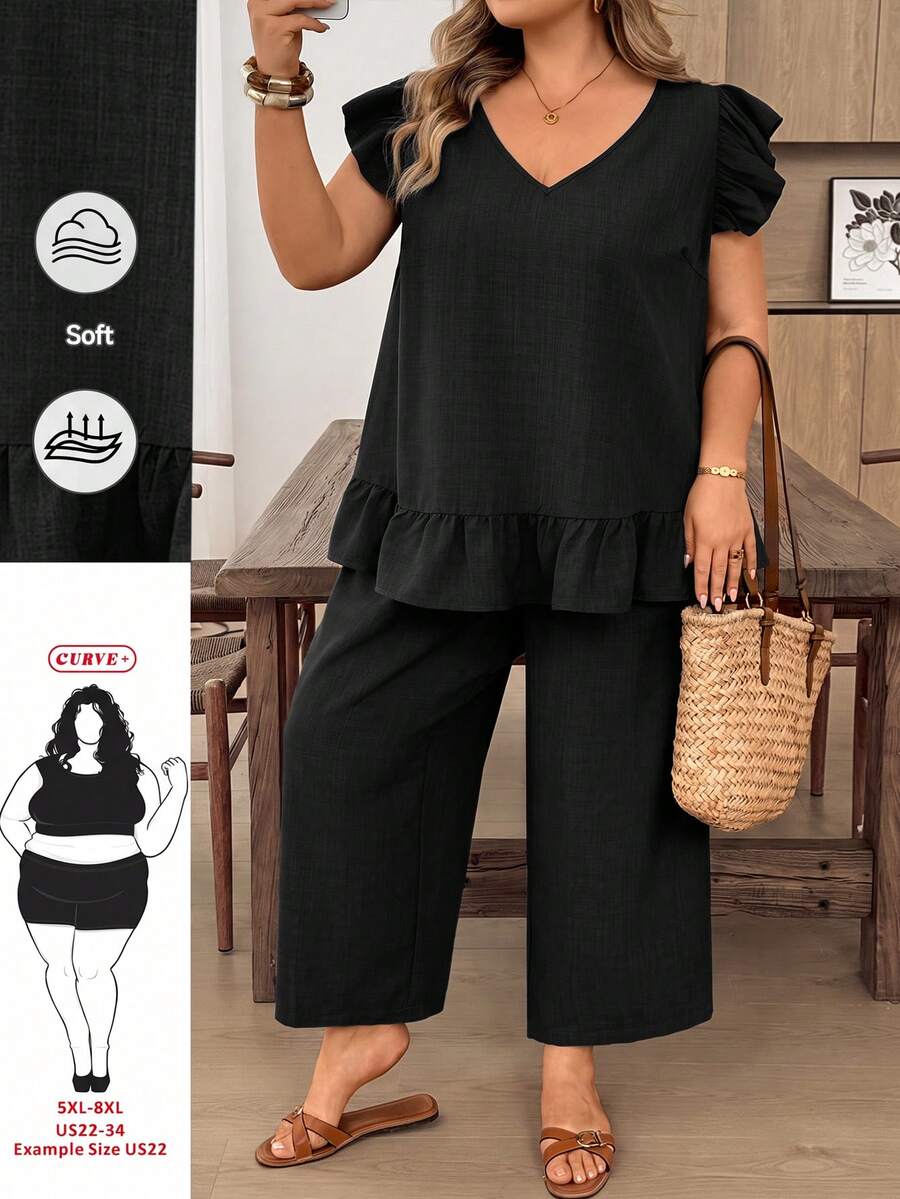 SHEIN CURVE+ 2件組大尺碼女款純色後背單排鈕扣短袖襯衫與長褲套裝 - 黑色 - 查看 1