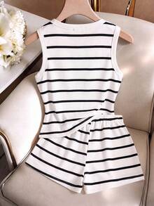 GlowEve Women Striped Round Neck Tank Top And Drawstring Waist Shorts Casual 2 Pieces Set - Multicolor - View 2