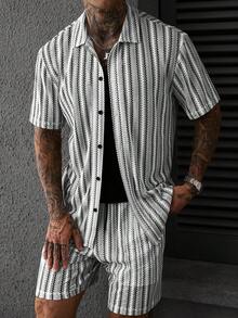 SLATEMANN 男士夏季薄款卡其色雙色針織提花紋理休閒度假修身短袖襯衫與彈性腰短褲套裝 - 黑與白 - 查看 6