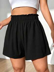 Breezaya Plus Size Summer Casual Loose Solid Color Ruffle Waist Shorts - Black - View 3