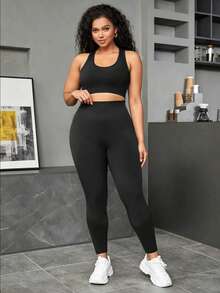 Slayform Slayform Setelan Olahraga Wanita Ukuran Plus Warna Polos: Tank Top Pendek dan Legging, Cocok untuk Gym, Olahraga Musim Panas, Warna Abu-abu. - Hitam - View 5