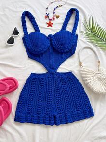 Soleia Women's Plus Size Blue Spaghetti Strap Romper For Vacation - Royal Blue - View 3