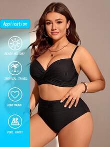 Swim Lushoire 大尺碼女款 2 件組素色抓皺細肩帶比基尼套裝，時尚極簡度假泳裝 - 黑色 - 查看 3