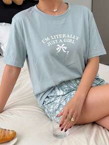 DAZY 2件組字母印花短袖T恤與花卉短款睡褲，夏季女款睡衣套裝 - 藍色 - 查看 5