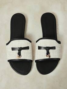 Styleloop Retro Color Matching Square Toe With Sandals Women Wear Linen Breathable Slouchy Sandals In Summer, Holiday Shoes - Black - View 1