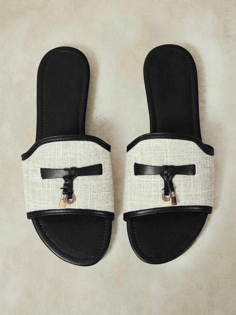 Styleloop Retro Color Matching Square Toe With Sandals Women Wear Linen Breathable Slouchy Sandals In Summer, Holiday Shoes - Black - View 1