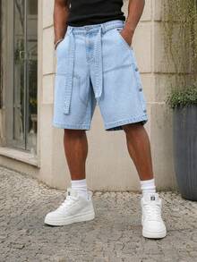 Manfinity EZcore Men Plus Size Casual Wide Leg Denim Shorts With Multi-Buckle Belt, Street Fashion - Light Wash - View 3