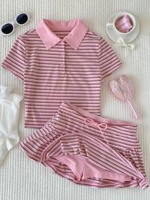 SHEIN 少女针织撞色条纹Polo领短袖T恤和裙子休闲套装 - 粉色 - 查看 4