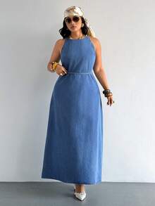 SHEIN EZwear 大尺碼秋季休閒正裝休閒無袖長版牛仔洋裝，適合度假約會，海軍藍 - 藍色 - 查看 7