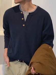 DAZY Men's Navy Blue Long Sleeve Crew Neck 2 In 1 Ribbed Hem Sweater Winter - Navy Blue - View 1