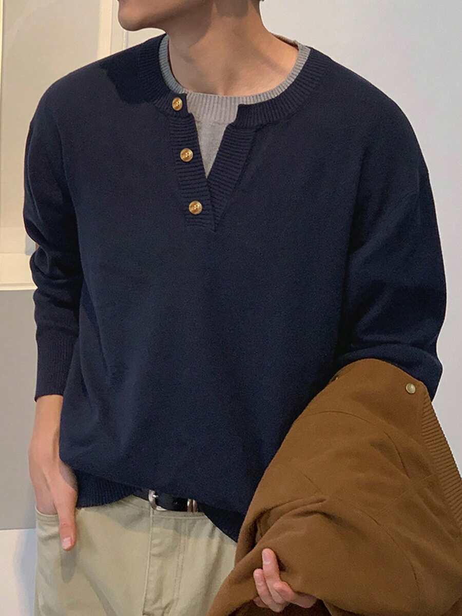 DAZY Men's Navy Blue Long Sleeve Crew Neck 2 In 1 Ribbed Hem Sweater Winter - Navy Blue - View 1