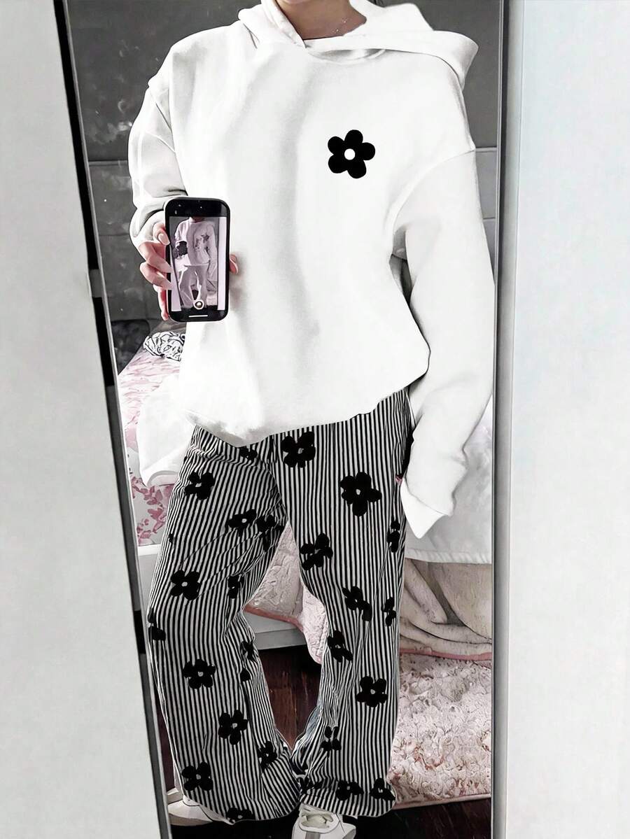 Vintage Black & White Contrast Striped Floral Print, Teen Girls Hooded Sweatshirt & Loose Straight Leg Sweatpants 2-Piece Set, Suitable For Daily Commute, Date, Party, Autumn/Winter/Spring/Summer, Beach, Graduation Ceremony, Fashion, Elegant, Casual, Outing, Appointment, Vacation, Y2K - Multicolor - View 1