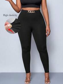 SHEIN Lady Women's Fashion Metal Buckle Fitted Casual Basic Base Layer Long Pants Gym Workout Workwear Black Autumn - Black - View 1