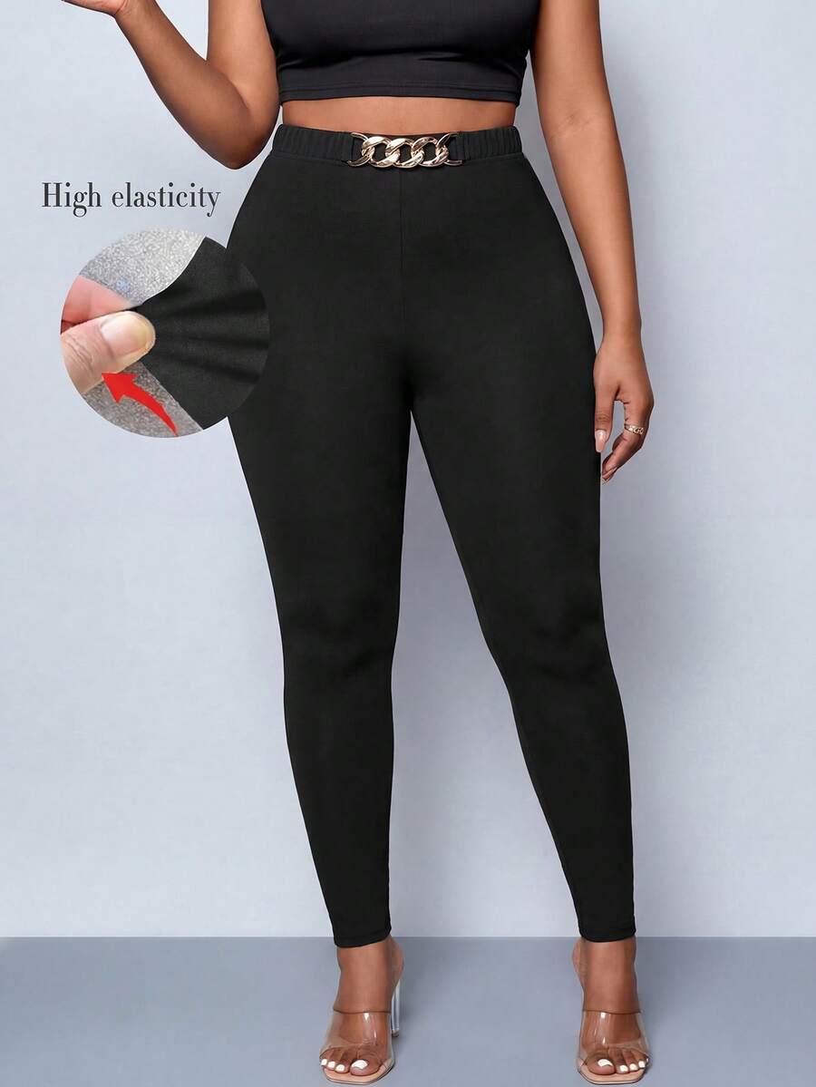 SHEIN Lady Women's Fashion Metal Buckle Fitted Casual Basic Base Layer Long Pants Gym Workout Workwear Black Autumn - Black - View 1