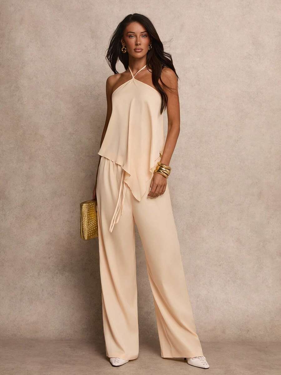 Glamine Women's Solid Color Asymmetric Hem Halter Tank Top And Pants Casual 2 Pieces Set For Vacation - Multicolor - View 1