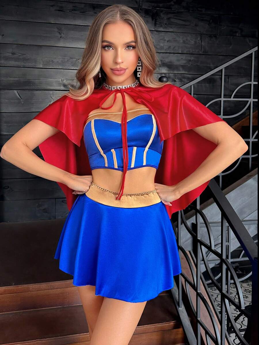 Fantasy Costume Fantasy Costume زي سوبر بطل خارق باللون الأزرق بتصميم كتل لونية مع عباءة، مجموعة من 3 قطع - متعدد الألوان - مشاهدة 1