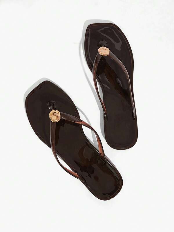 Grefit Spring And Summer New Square Toe Flat Bottom Casual Vacation Simple Brown Flat Sandals Slippers Women's Flip-Flops