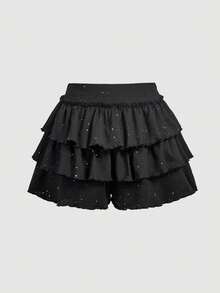 SHEIN MOD 黑色噴漆多層荷葉邊迷你裙褲，返校季、校園派對、夏季迪斯可、Y2K哥德風、萬聖節 - 黑色 - 查看 3