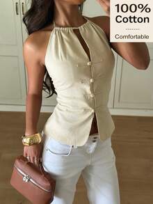 Siren Gaze 100 Cotton Summer Women Chinese-Style Elegant Y2k Vacation Streetwear Vintage Going Out Brunch Casual Frog Button Fitted Halter Neck Daily Top Beige - Apricot - View 7