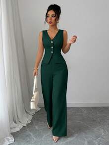 Elenzga Women's Elegant Sleeveless Blazer Vest And Pants Suit Set, Business/Commute Style, Summer - Green - View 4