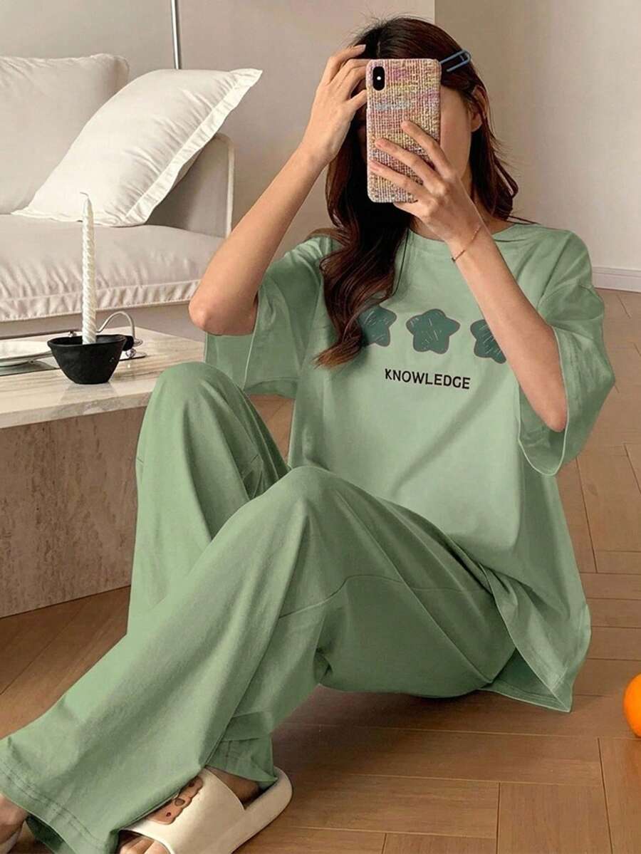 DAZY 極簡星星印花寬鬆短袖T恤與長款睡褲2件套,夏季女款居家休閒套裝 - 綠色 - 查看 1