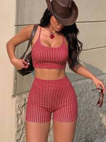 Sovereign Charm 1pc Women's Red Plaid Knit Seamless Comfortable Elastic High Waist Butt Lifting Shorts, New Hot-Selling Style For Spring Summer Autumn Winter - Red - View 4