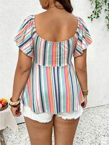 Lounesse Plus Size Vacation Ruched Tie-Front Striped T-Shirt Beach - Multicolor - View 2