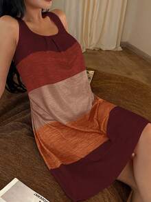 SHEIN 彩色條紋印花休閒居家睡裙 - 咖啡棕 - 查看 3