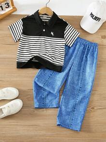 SHEIN 2pcs Young Boy Cute Print Urban Academy Casual Short Sleeve Black & White POLO Shirt And Elastic Waist Long Pants Set, Suitable For Birthday Party, Evening Party, Performance, Wedding, Full Moon, Baptism, 1st Birthday Celebration And Baby Shower - Multicolor - View 4