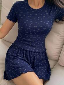 DAZY 甜美碎花修身短袖T恤與寬鬆短款睡褲2件組 夏季女款睡衣套裝 - 藏蓝色 - 查看 5