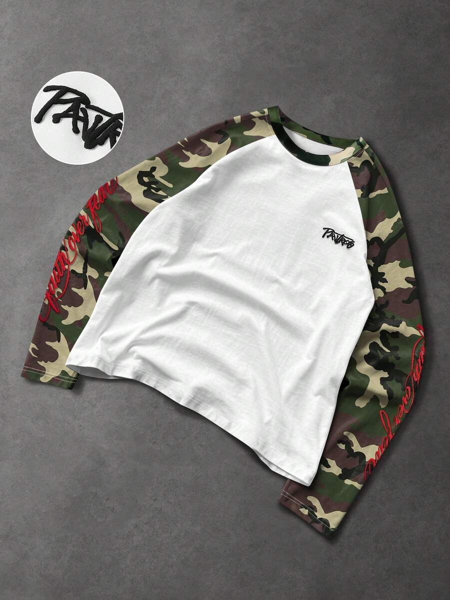 PAVTROS Men's Camouflage Patchwork Letter Print Raglan Sleeve T-Shirt - Multicolor - View 1