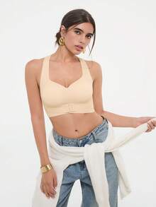 Bralution 1 Buah Bra Wanita Tanpa Kawat dengan Pengait Depan, Push-Up, Anti-Kendur, Tali Bahu Ganda, Cup Cetak, Nyaman dan Sederhana dengan Desain Silang di Belakang - Aprikot - View 4