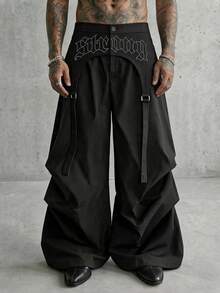 AXEPEAK Pantalones de pierna ancha con diseño deconstruido y estampado de letras plisados para hombres - Negro - Ver 1
