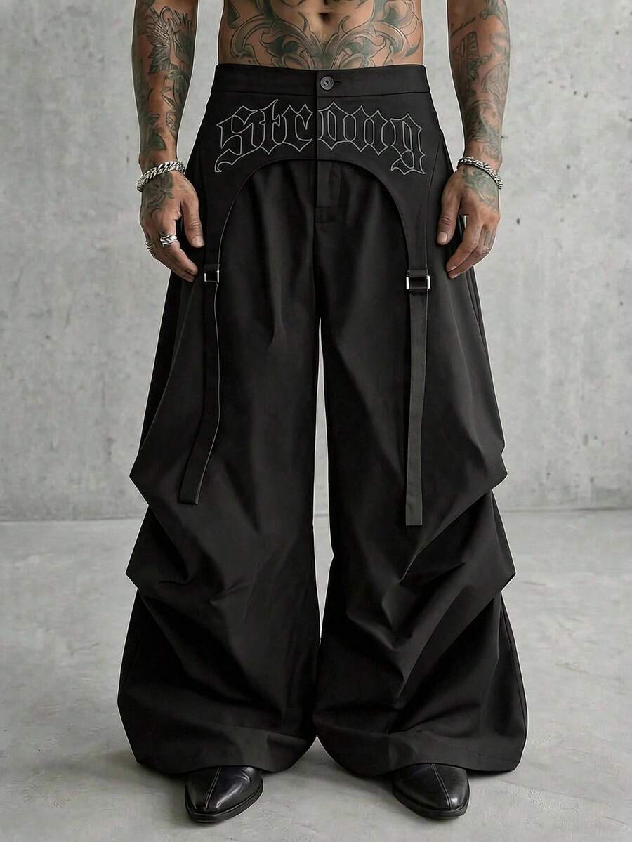 AXEPEAK Pantalones de pierna ancha con diseño deconstruido y estampado de letras plisados para hombres - Negro - Ver 1