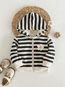 SHEIN Playful Pals 女嬰休閒紋理條紋保暖內裡連帽拉鍊外套，適合秋冬穿著 - 黑與白 - 查看 3