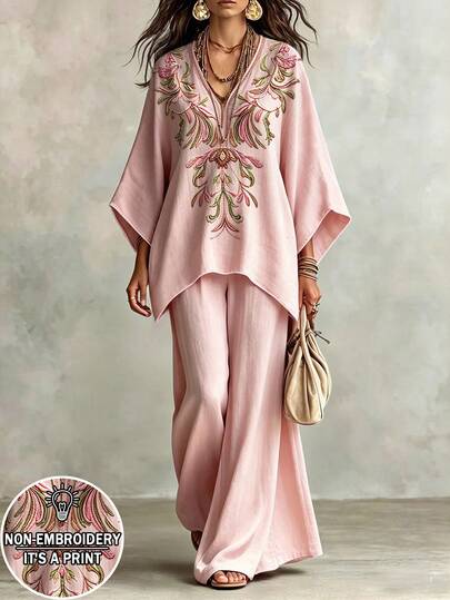 Selamara Böhmischer Urlaubsstil Rosa Kunstleder Retro Stickerei Blumenmuster 2 Stücke Set, französisches sanftes V-Ausschnitt Fledermausärmel Top und weite Hose Outfit