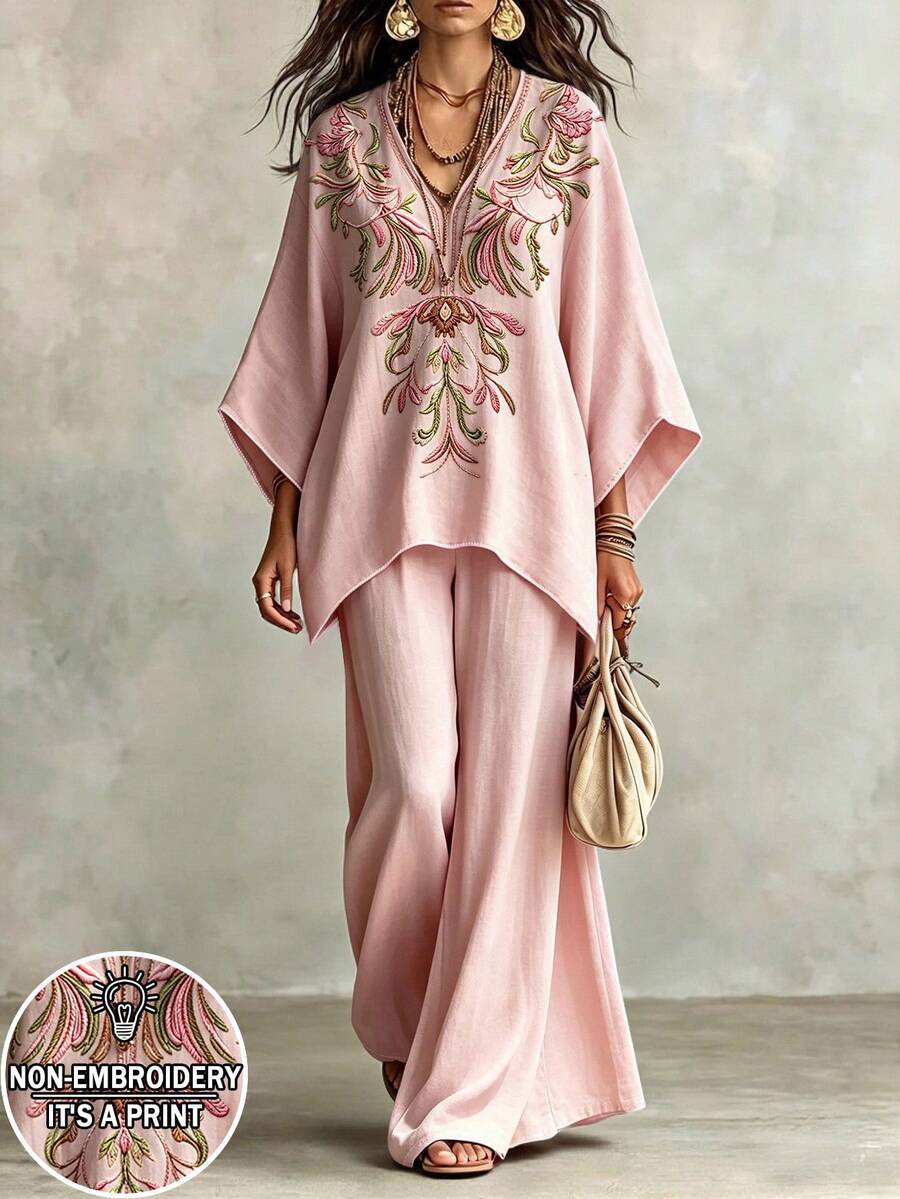 Glimmora 波希米亞度假風粉色花卉灰粉色仿復古刺繡印花兩件套,法式溫柔V領蝙蝠袖上衣長褲套裝 - 彩色 - 查看 1