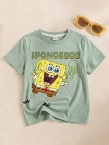 SpongeBob SquarePants | SHEIN 男童休闲卡通字母印花短袖T恤，夏季 - 白色 - 查看 1