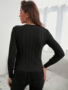 SHEIN Women's Cable Knit Round Neck Long Sleeve Fitted Pullover Sweater - Black - View 2