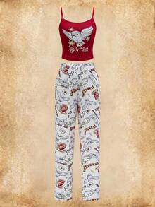HARRY POTTER X SHEIN Women's Comfortable Owl Print Cami Top And Pants Pajama Set, Summer - Red - View 1