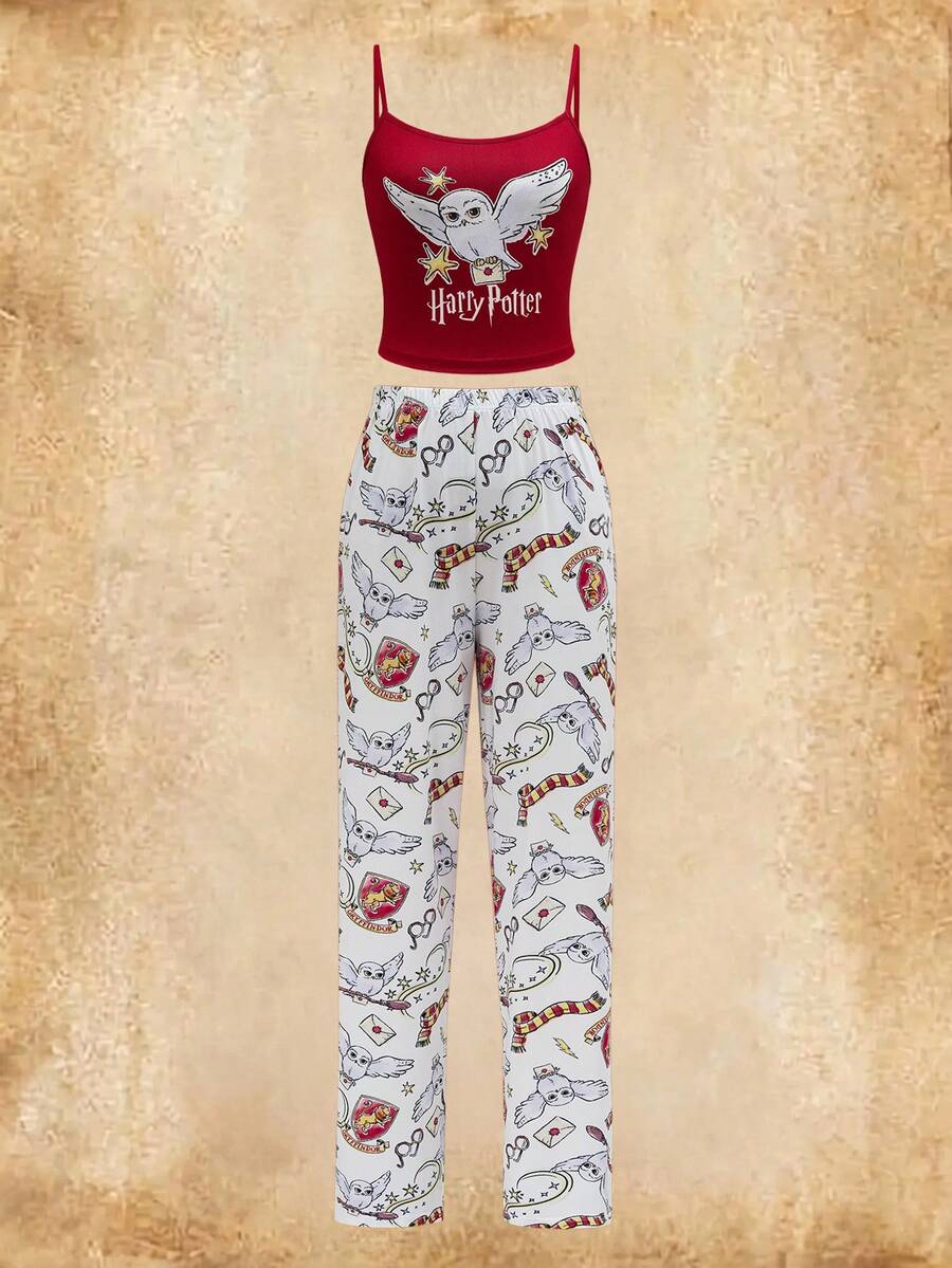 HARRY POTTER X SHEIN Women's Comfortable Owl Print Cami Top And Pants Pajama Set, Summer - Red - View 1