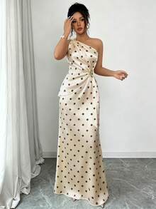 Elenzga Women's Spring/Summer New Fashion Elegant Satin Asymmetrical Shoulder Metal Flower Decor Waist-Cinching Slimming Bodycon Fishtail Long Dress - Multicolor - View 5
