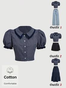 SHEIN MOD Blus Crop Lengan Puff dengan Hiasan Renda, Atasan Lengan Pendek - Navy Blue - View 2
