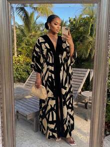 SHEIN Lady Plus Size Fashion Vacation Print Colorblock Slit Dress - Khaki - View 3