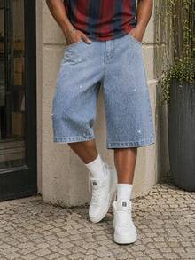 Manfinity EZcore Plus Size Men's Rhinestone Embellished Wide Leg Denim Shorts - Light Wash - View 1